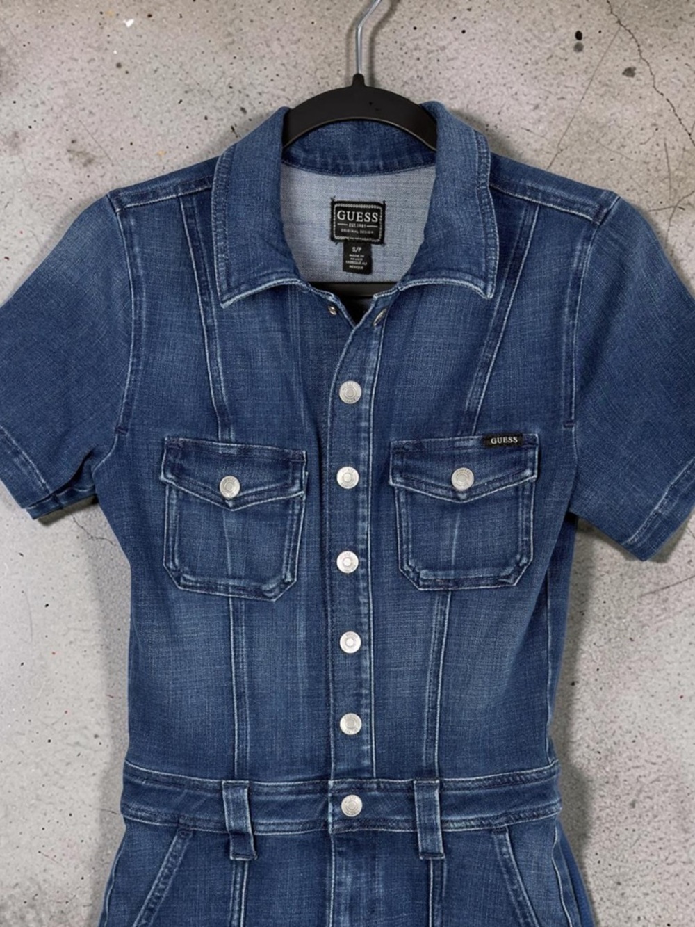 GUESS Lara Dark Wash Denim Romper Jumpsuit Shorts Button Front Size S - Picture 8 of 14